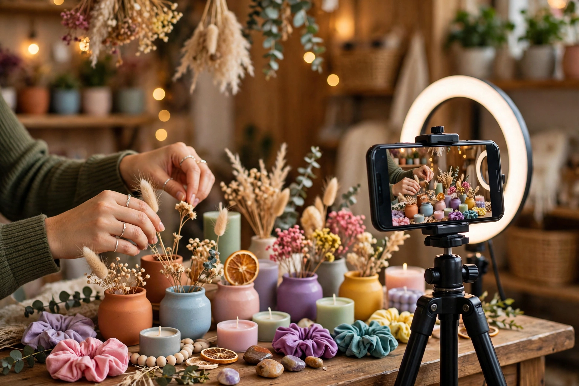 Small business owner filming products for social media content