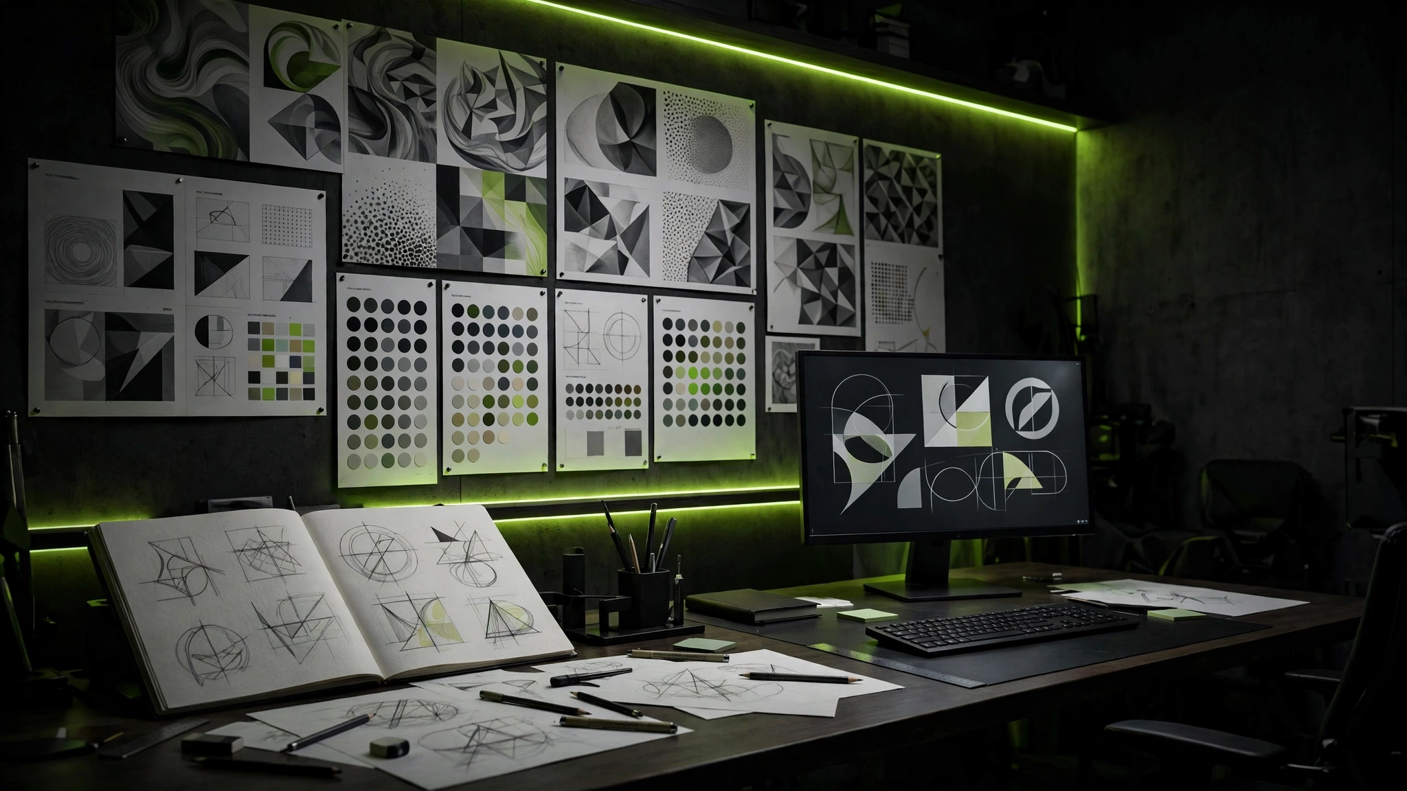 Brand design studio with identity boards and sketches